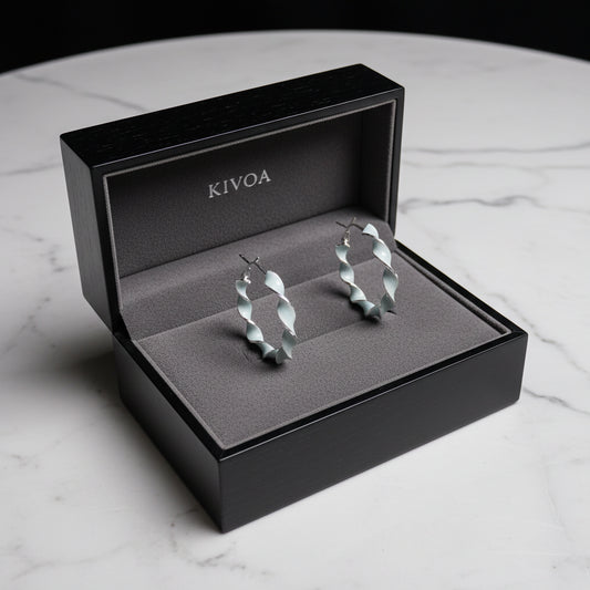 KIVOA Wavy Hoop Earrings - Light Blue Enamel & Sterling Silver - Unique, Lightweight Statement Jewelry