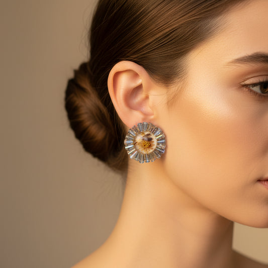 "Radiant Bloom" Crystal & Pressed Flower Stud Earrings | Unique Botanical Jewelry