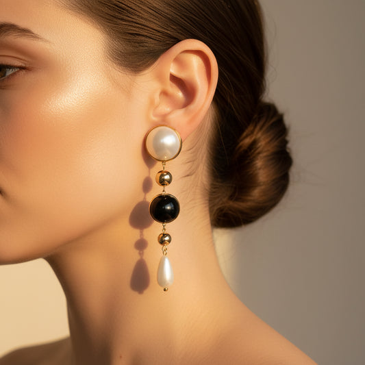 Elegant Pearl & Onyx Drop Earrings - Gold Plated Statement Jewelry