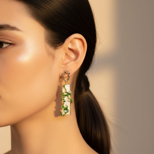 Emerald Vine Drop Earrings with Zircon & Gold Plating – Elegant Nature-Inspired Jewelry