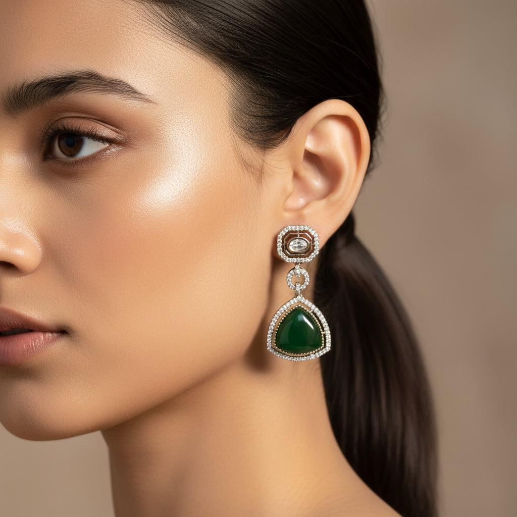 Emerald & Diamond Teardrop Earrings - Sterling Silver Dangle Statement Jewelry