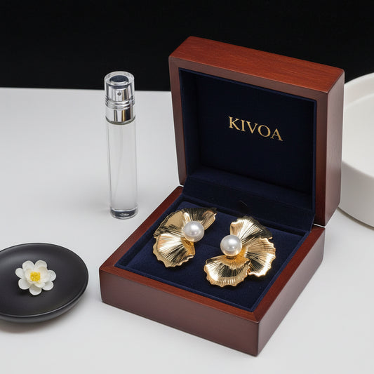 KIVOA Gold Petal Pearl Earrings - Elegant Floral Studs with Gift Box
