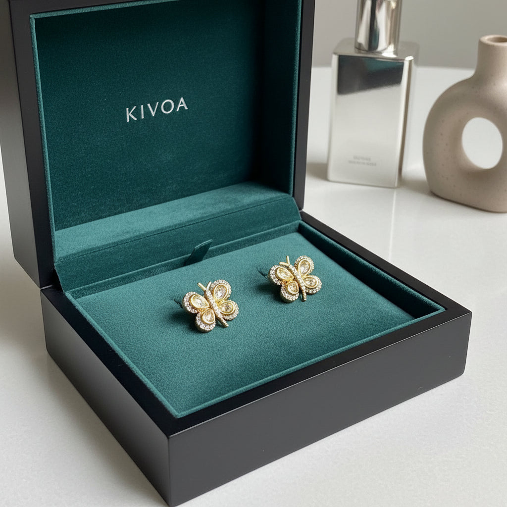 Kivoa Butterfly Diamond Stud Earrings | 18K Gold Plated Sterling Silver | Elegant & Dainty