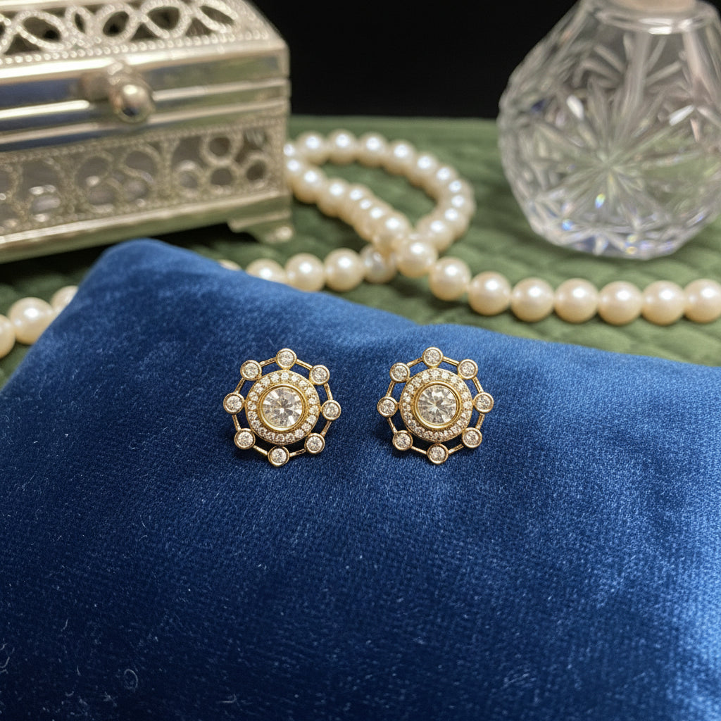 Dainty Gold & Diamond Halo Stud Earrings - Elegant Everyday Sparkle