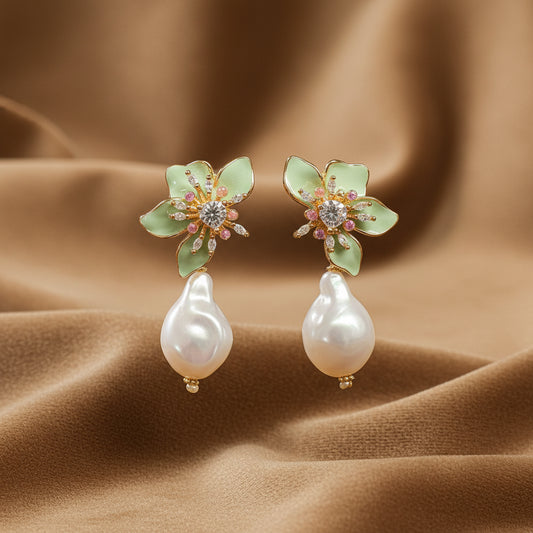 Pistachio Enamel Flower & Baroque Pearl Drop Earrings - Gold Plated Sterling Silver