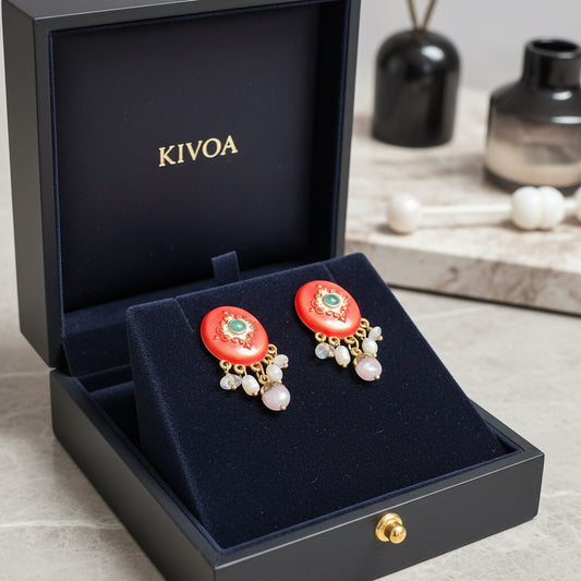 Kivoa Red Enamel & Pearl Drop Earrings - Elegant Gemstone Dangle Earrings