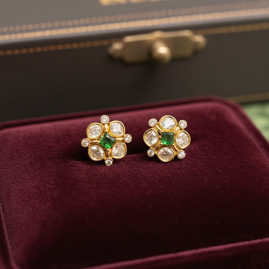 Emerald & Diamond Floral Cluster Stud Earrings - 18K Gold Vintage Style
