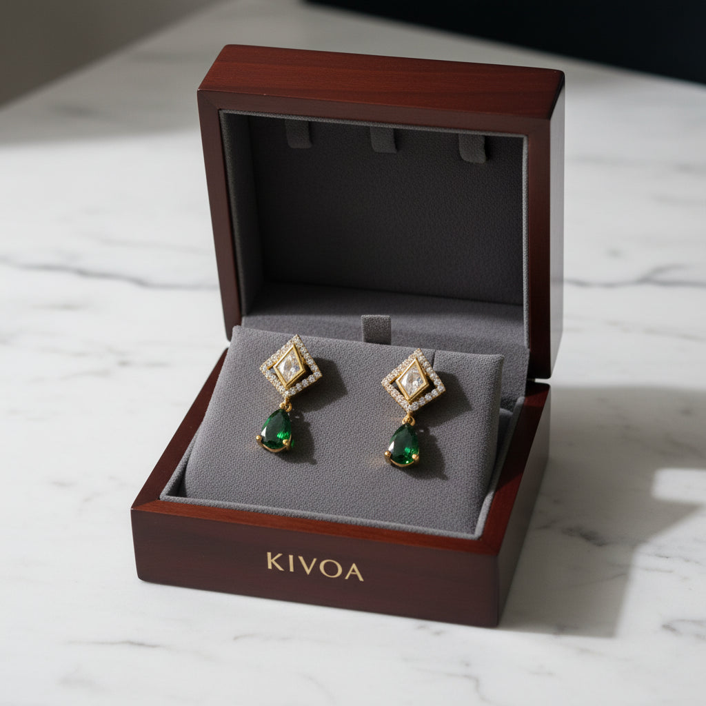KIVOA Emerald & Diamond Drop Earrings - Gold Plated Sterling Silver