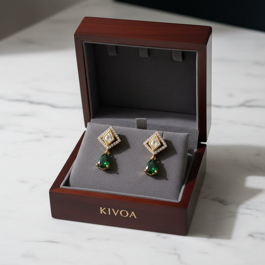 KIVOA Emerald & Diamond Drop Earrings - Gold Plated Sterling Silver