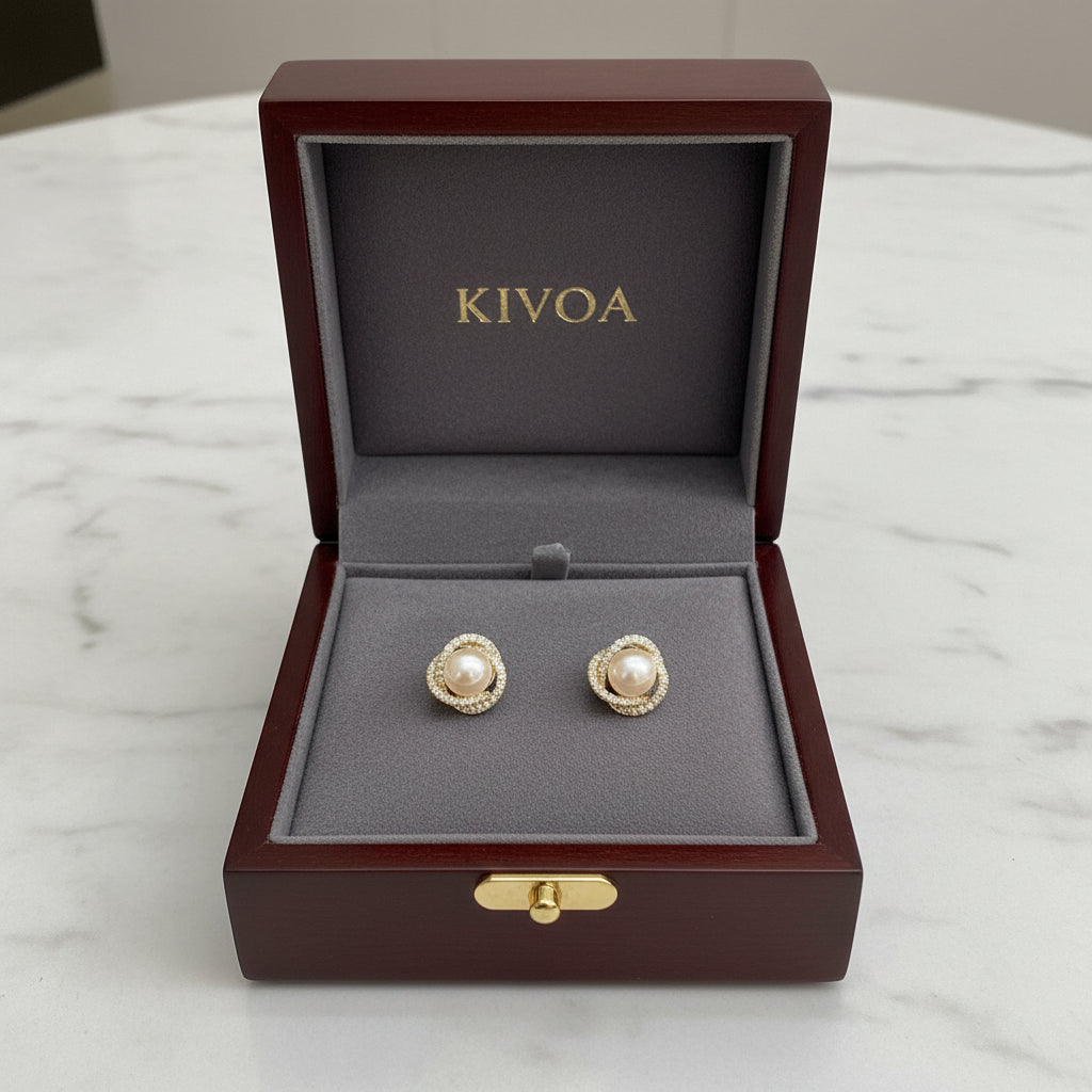 Kivoa Elegant Pearl & Diamond Halo Stud Earrings in Wooden Gift Box - Timeless Jewelry