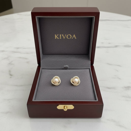 Kivoa Elegant Pearl & Diamond Halo Stud Earrings in Wooden Gift Box - Timeless Jewelry