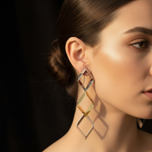 Geometric Drop Earrings - Modern Rhombus Dangle, Mixed Metal