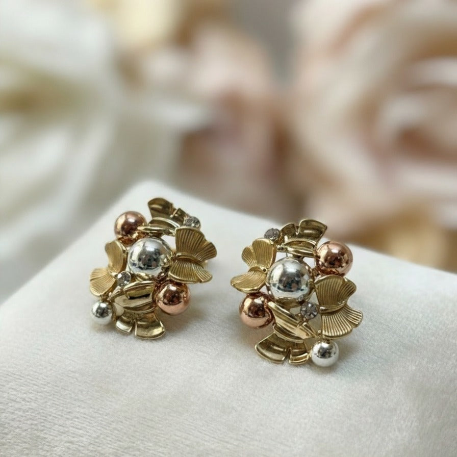 Elegant Tri-Tone Cluster Stud Earrings - Gold, Rose Gold & Silver Plated
