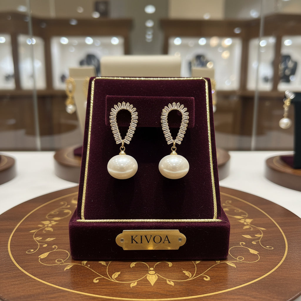 KIVOA Pearl & Zircon Drop Earrings - Elegant Gold Plated Dangle Earrings