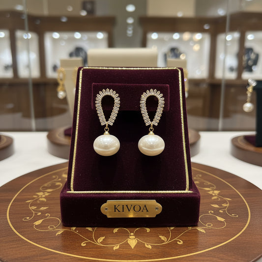 KIVOA Pearl & Zircon Drop Earrings - Elegant Gold Plated Dangle Earrings