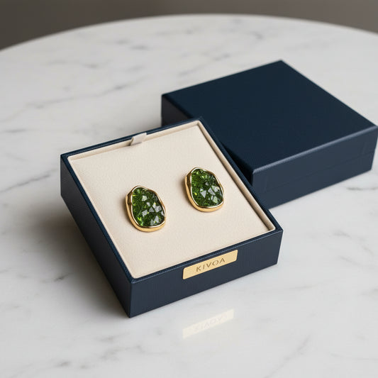 KIVOA Organic Gold Stud Earrings with Raw-Cut Green Stones