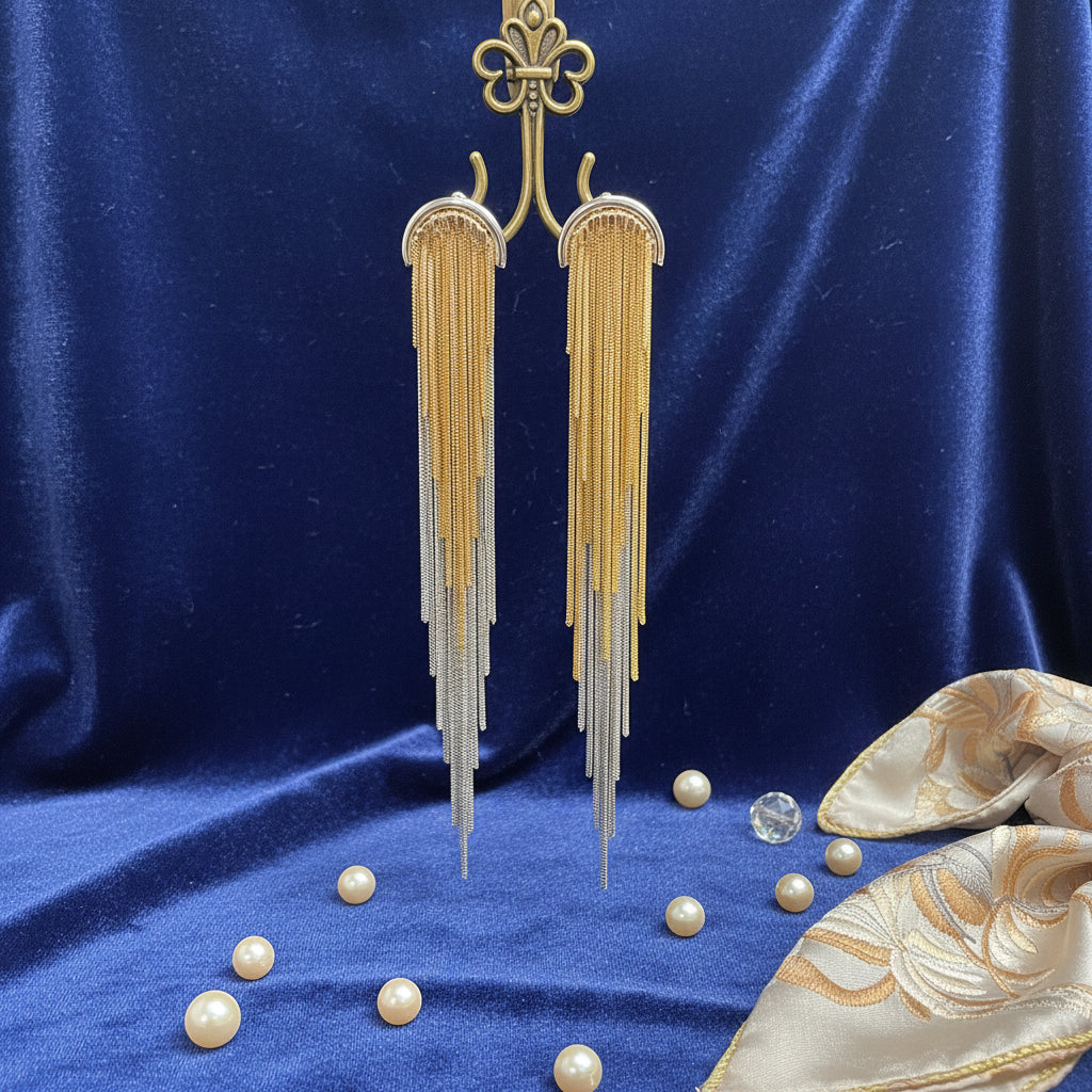 Dual-Tone Chain Tassel Drop Earrings - Gold & Silver Waterfall Dangle