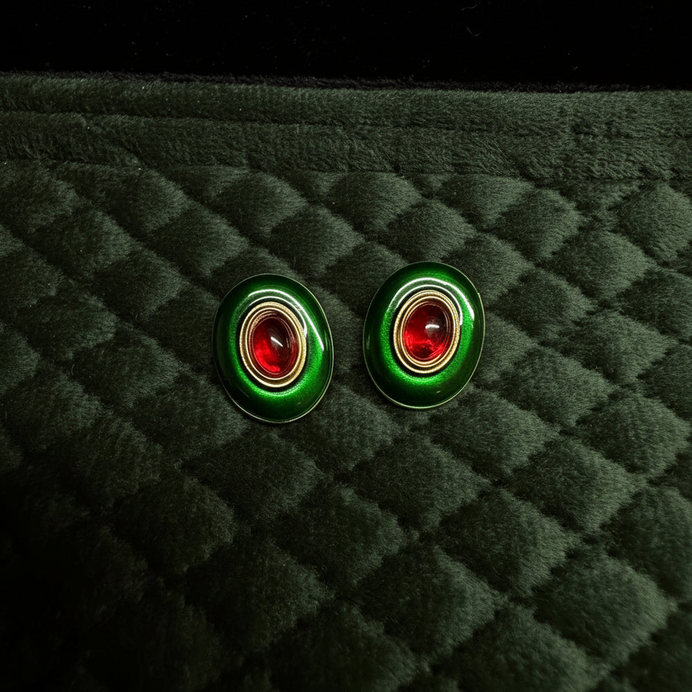 Vintage Emerald Green & Ruby Red Enamel Clip-On Earrings - Gold Tone
