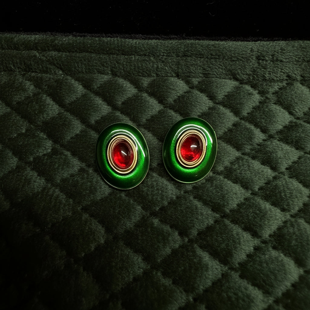 Vintage Emerald Green & Ruby Red Enamel Clip-On Earrings - Gold Tone