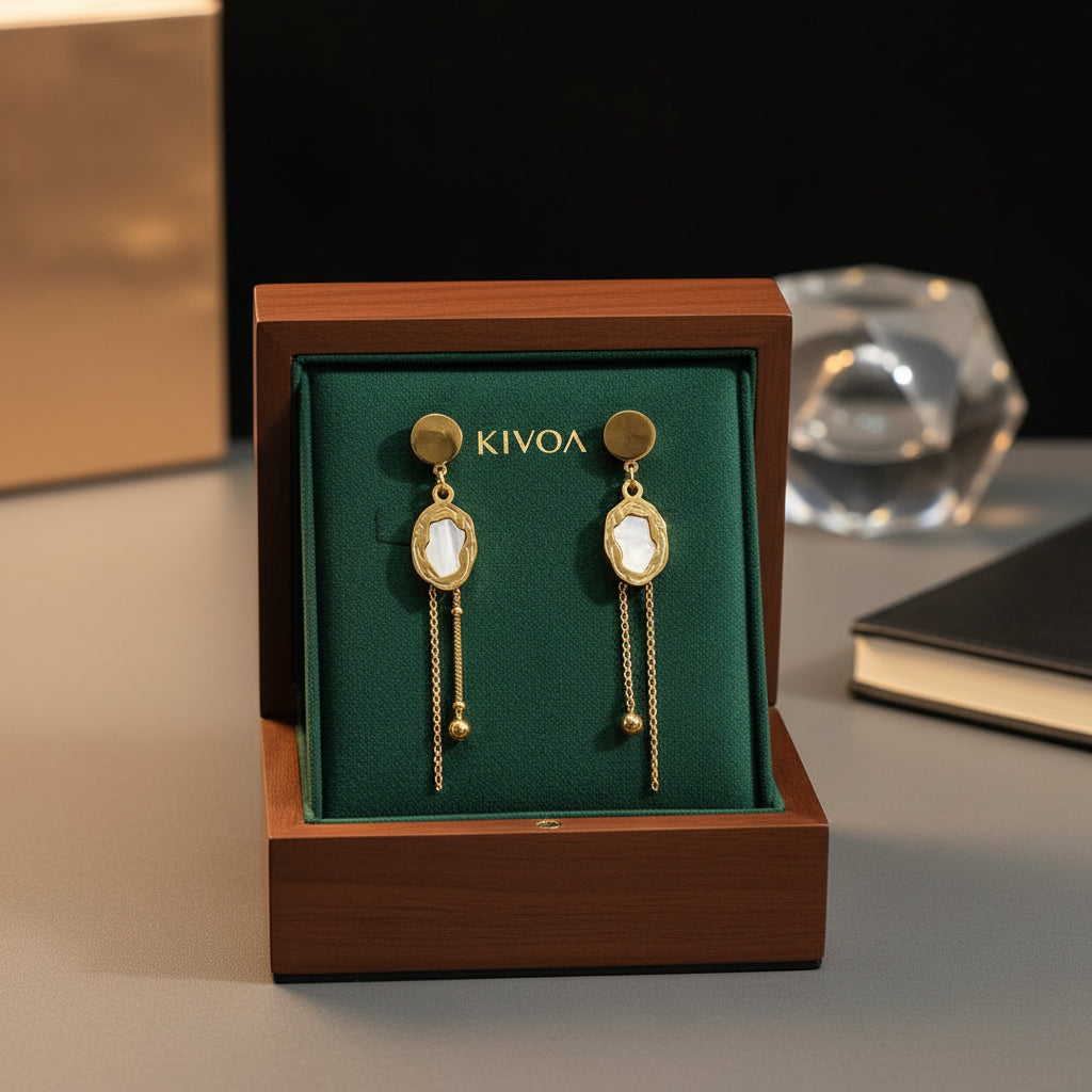 KIVOA Gold Dangle Earrings with Mother of Pearl - Elegant Chain Drop & Stud Design