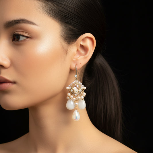 Elegant Pearl & Crystal Chandelier Earrings – Dainty Drop Statement Jewelry