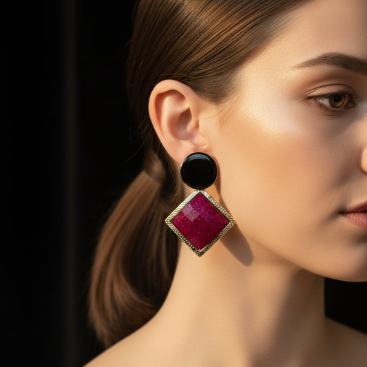 Ruby Red & Onyx Glamour Drop Earrings - Statement Geometric Gemstone Jewelry