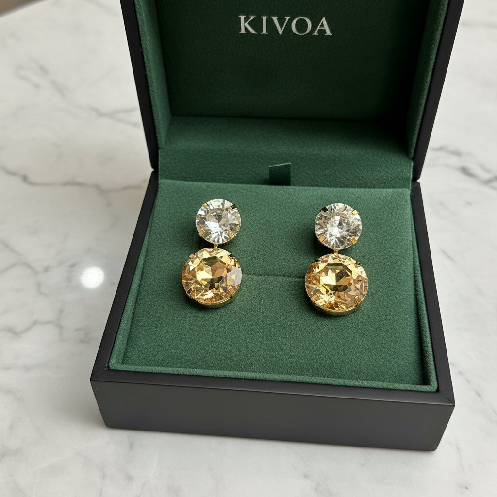 KIVOA Dazzling Dual-Stone Drop Earrings - Yellow & Clear Crystal Studs for Women