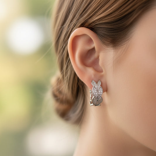 Silver Leaf Cubic Zirconia Hoop Earrings - Elegant & Sparkly | 925 Sterling Post