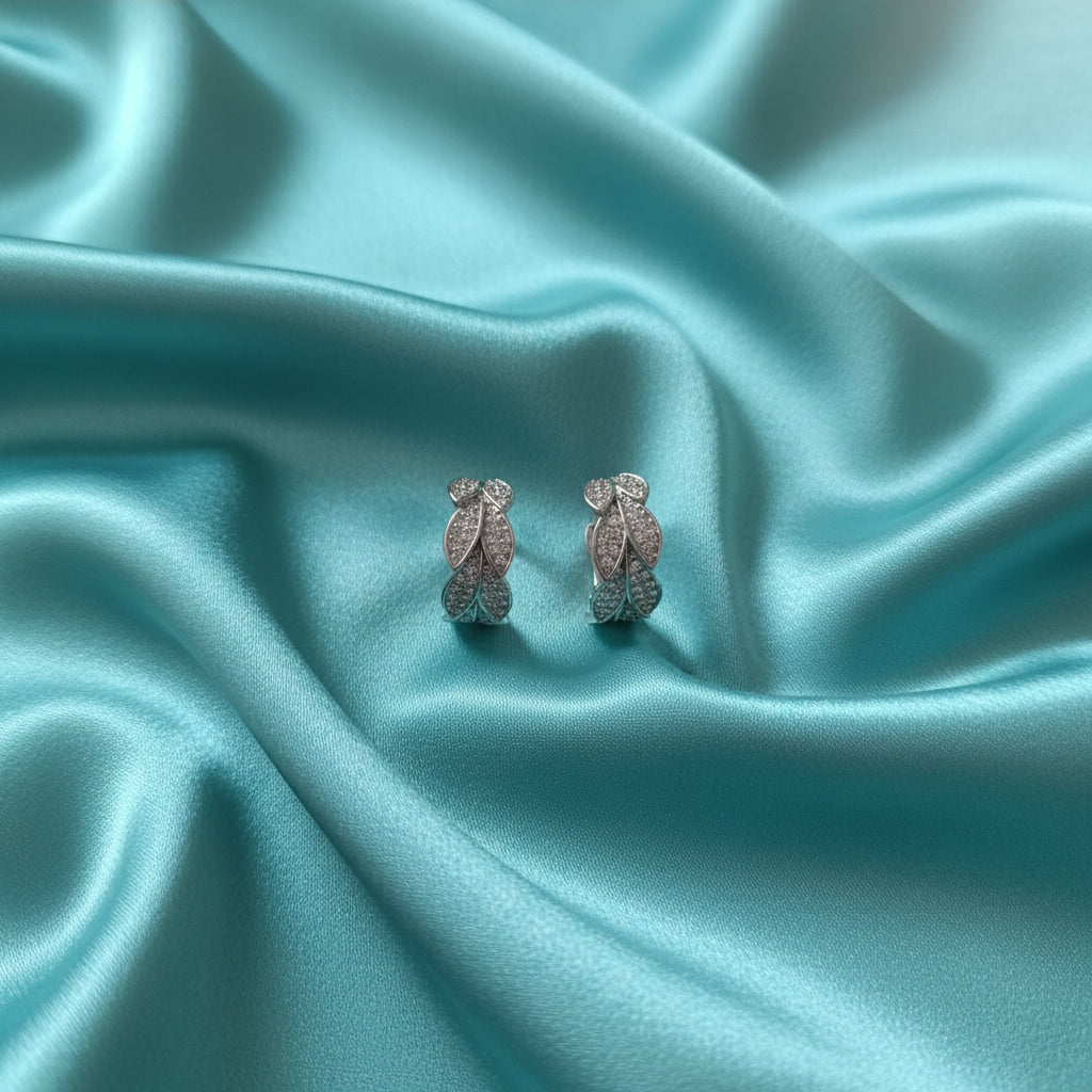 Silver Leaf Cubic Zirconia Hoop Earrings - Elegant & Sparkly | 925 Sterling Post