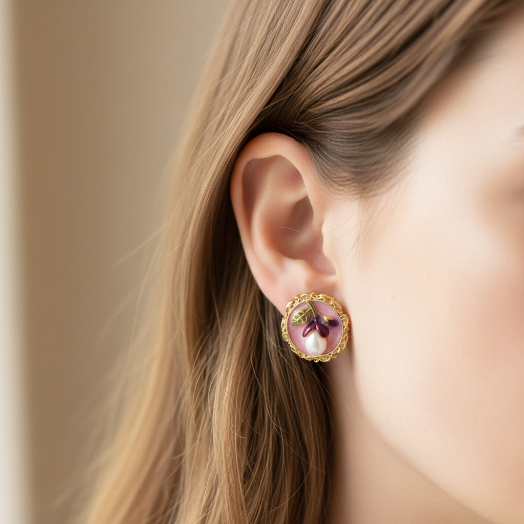 Vintage-Inspired Floral Pearl Stud Earrings - Gold Tone Pink Enamel & Faux Pearl