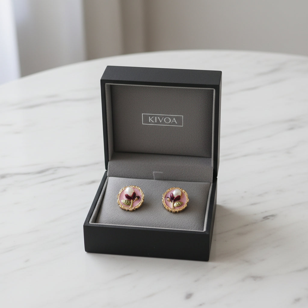 Vintage-Inspired Floral Pearl Stud Earrings - Gold Tone Pink Enamel & Faux Pearl