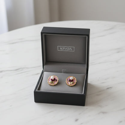 Vintage-Inspired Floral Pearl Stud Earrings - Gold Tone Pink Enamel & Faux Pearl