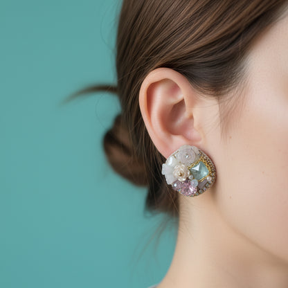 Elegant Crystal & Pearl Cluster Stud Earrings - Handcrafted Floral Design