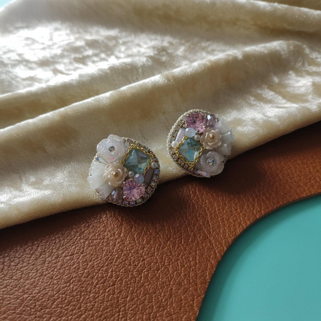 Elegant Crystal & Pearl Cluster Stud Earrings - Handcrafted Floral Design