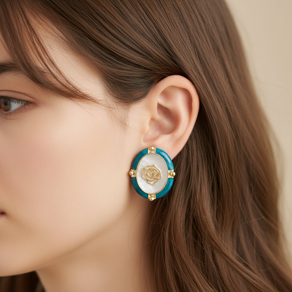 Elegant Oval Rose Stud Earrings - Gold & Teal Enamel | Mother of Pearl