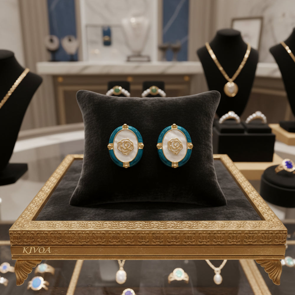 Elegant Oval Rose Stud Earrings - Gold & Teal Enamel | Mother of Pearl