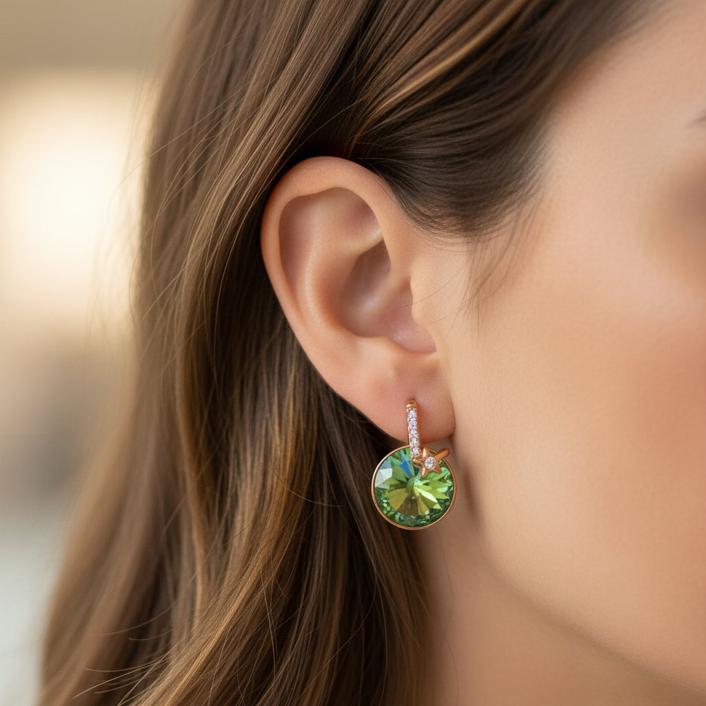 Achetí Green Crystal & Rose Gold Hoop Earrings - Dainty & Elegant Jewelry