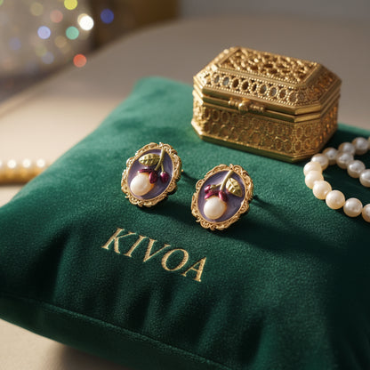 Vintage-Inspired Pearl & Berry Enamel Stud Earrings - Gold Tone