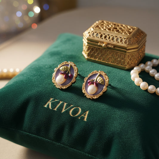 Vintage-Inspired Pearl & Berry Enamel Stud Earrings - Gold Tone