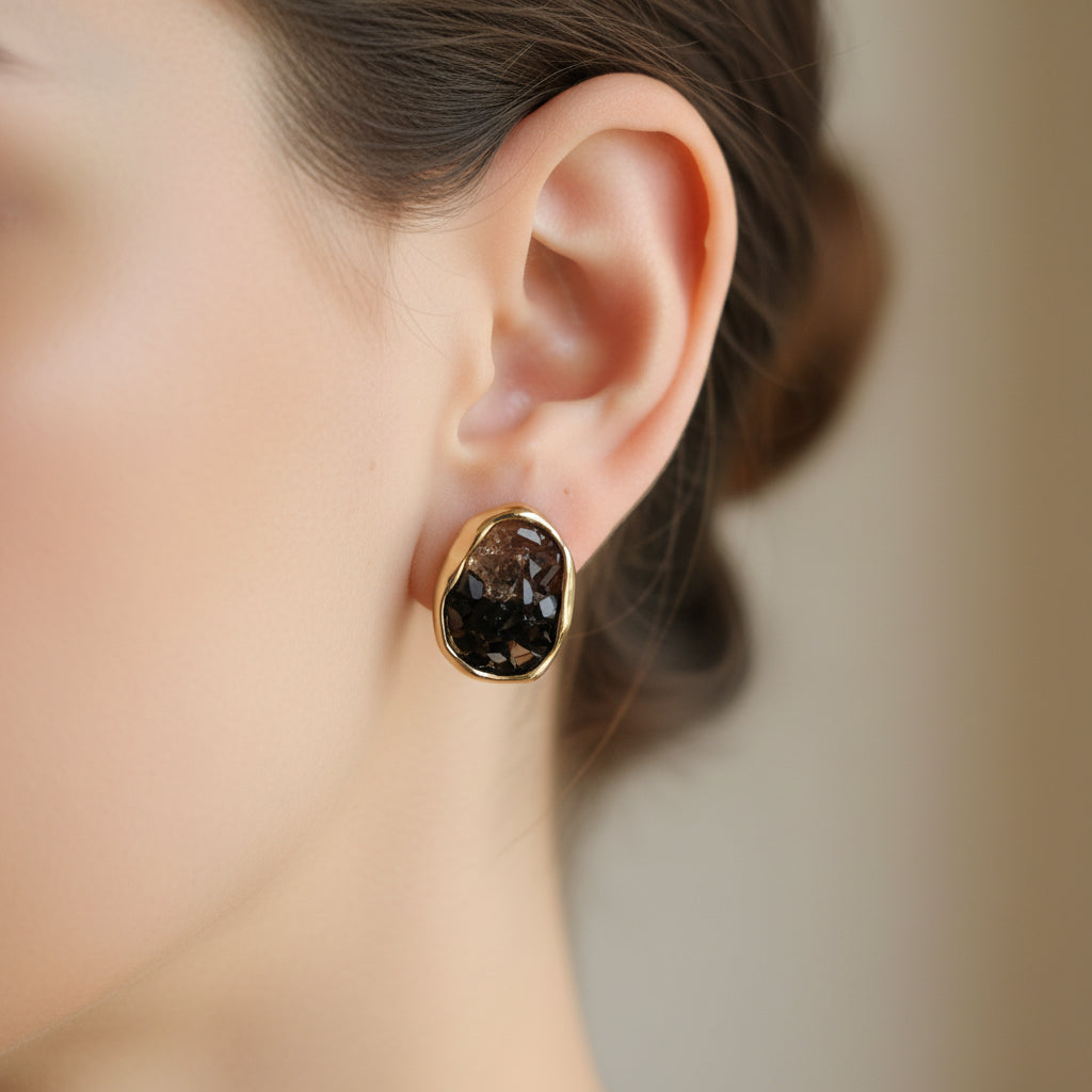 Chic Gold-Plated Irregular Black Stone Stud Earrings for Women