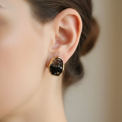 Chic Gold-Plated Irregular Black Stone Stud Earrings for Women