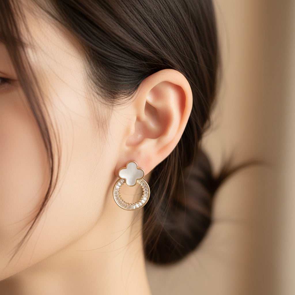 Elegant Clover & Zircon Hoop Earrings - Dainty Gold-Plated Fashion Jewelry