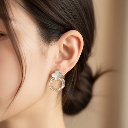 Elegant Clover & Zircon Hoop Earrings - Dainty Gold-Plated Fashion Jewelry