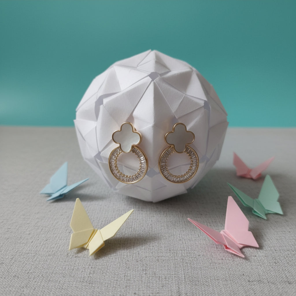 Elegant Clover & Zircon Hoop Earrings - Dainty Gold-Plated Fashion Jewelry