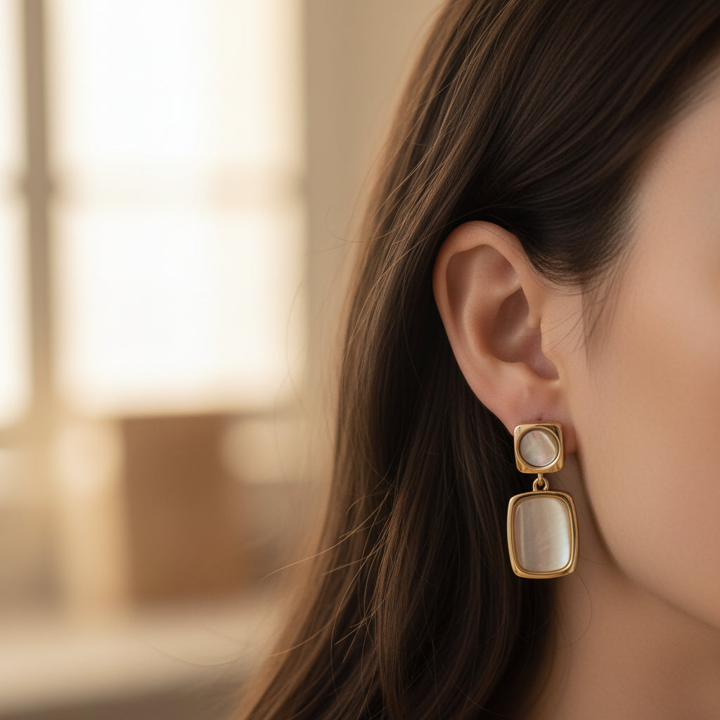 SHICAINI Gold Plated Square Dangle Earrings - Elegant Mother of Pearl Drop Earrings