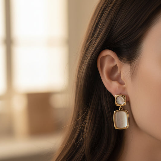 SHICAINI Gold Plated Square Dangle Earrings - Elegant Mother of Pearl Drop Earrings