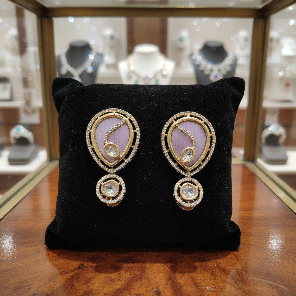 Elegant Polki Diamond & Rose Quartz Drop Earrings | Gold-Plated Statement Jewelry