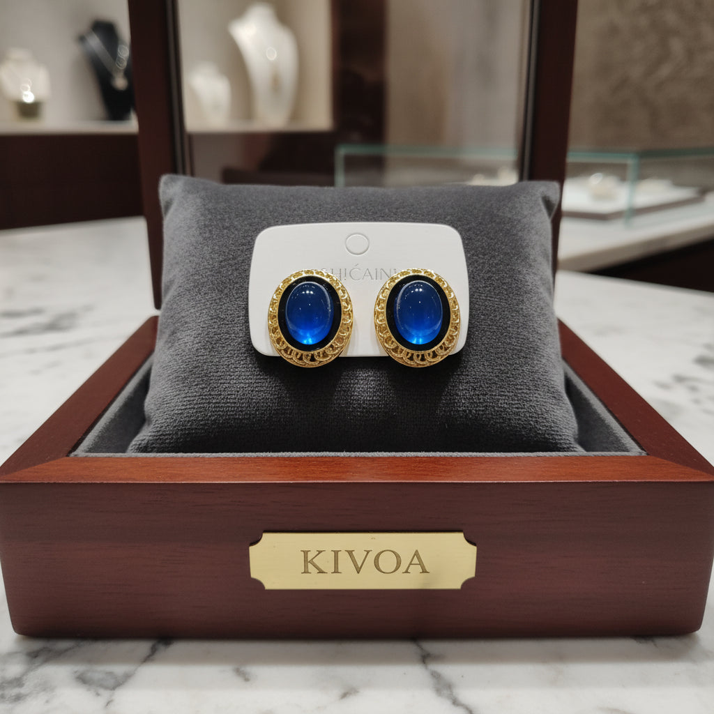 Vintage Gold & Blue Oval Cabochon Clip-On Earrings - Elegant Statement Jewelry