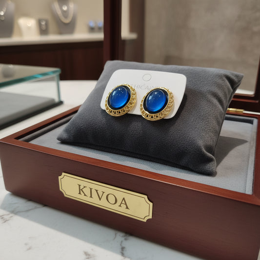 Vintage Gold & Blue Oval Cabochon Clip-On Earrings - Elegant Statement Jewelry