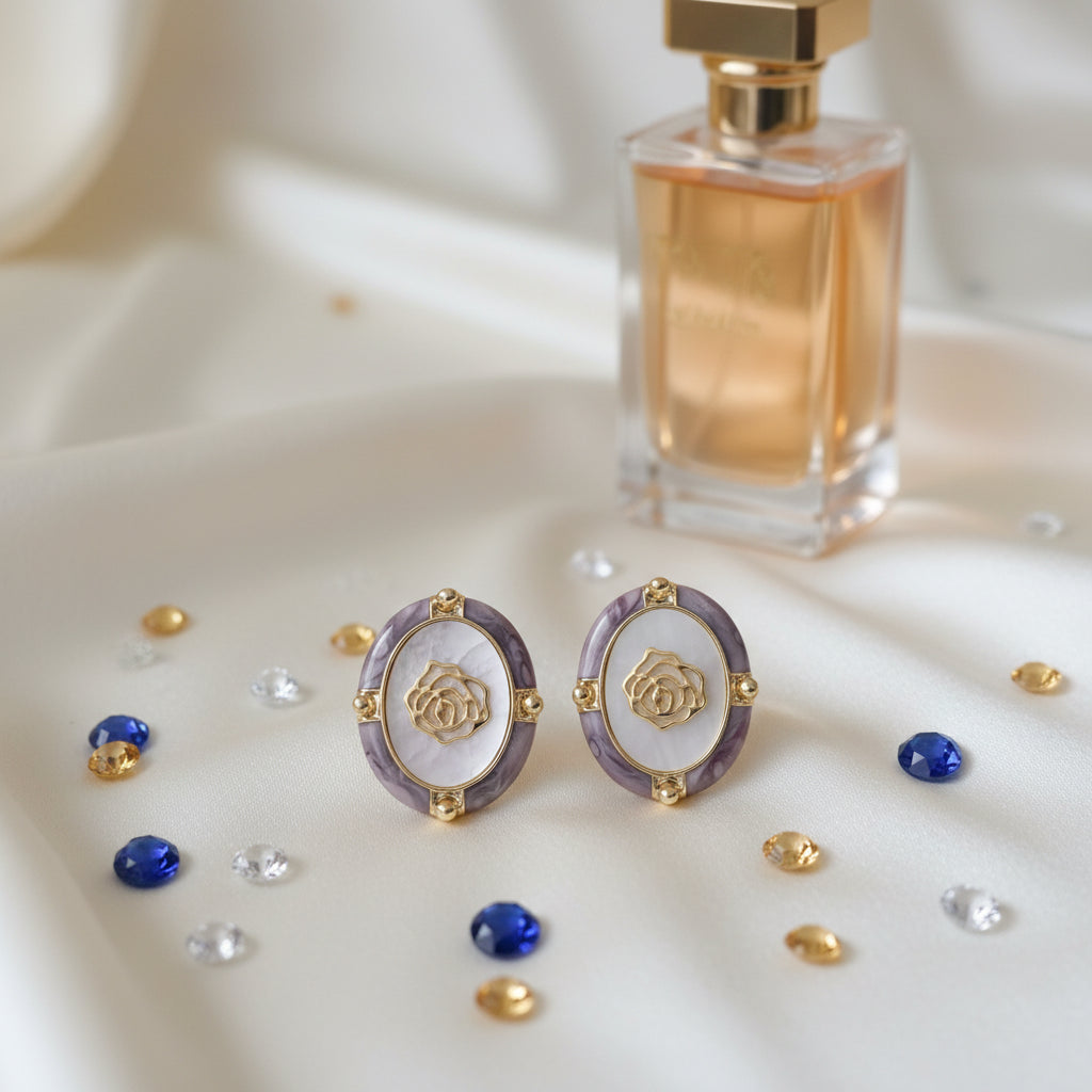 Elegant Gold Rose Oval Resin Stud Earrings | Unique Mother of Pearl & Gold Tone